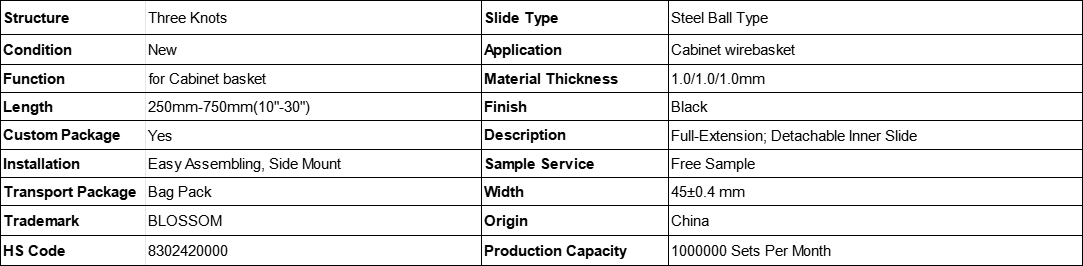 BLOSSOM 13045-BS 45mm push to open three section drawer slide specification table, black full extension side mount rail for cabinet wire basket, 1.0mm cold rolled steel hardware HS 8302420000